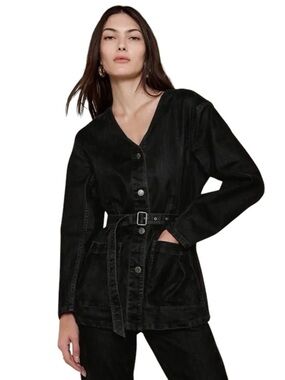 Banana Republic Madeira Flocked Denim Jacket Black Belted Utility Blazer size M